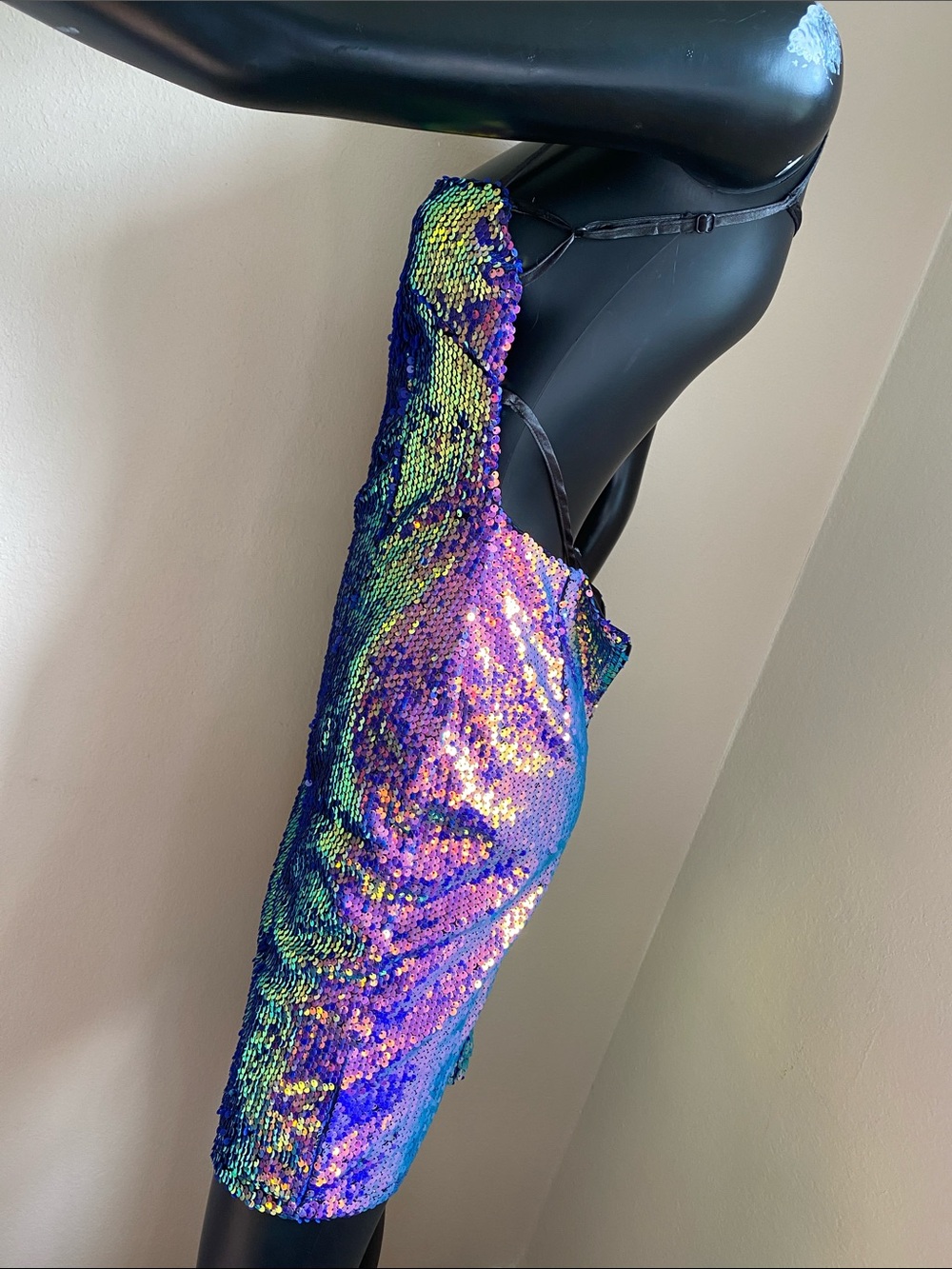 Iridescent Multi-Sequin Cowl Midi Dress - Black Straps - Picture 6 of 12